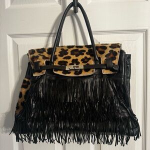 Maximalist Style Larettamia Leopard and Black Fringe Shoulder Bag